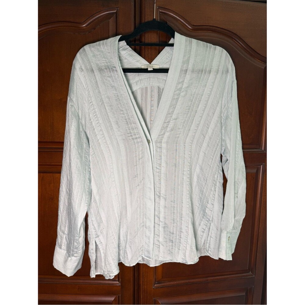 Vince Drapey Stripe V Neck Blouse Pale Blue Powder Long Sleeve Top Size Medium